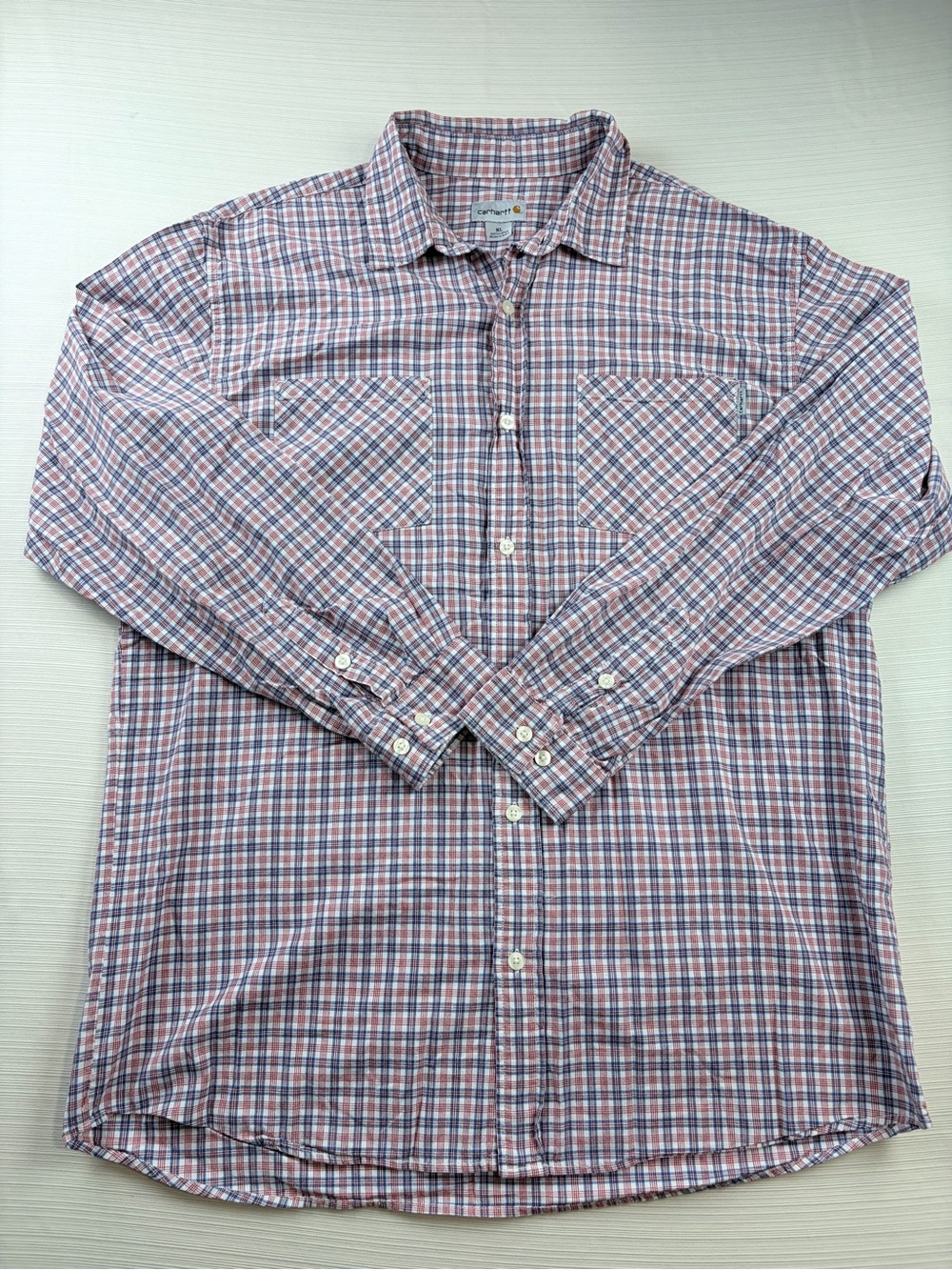 Carhartt Men's Pink and Blue Plaid Long-Sleeve Button-Down Shirt